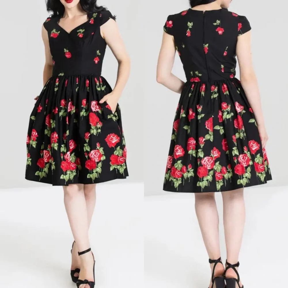 Hell Bunny Antonia Mid Dress Rose Print Floral Fit Flare Retro Pinup Rockabilly - Picture 3 of 16